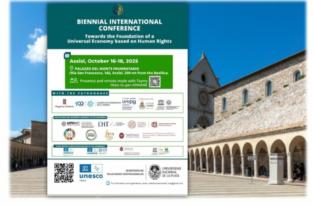 Assisi, in primo piano la locandina dell'evento (sullo sfondo foto Pexel di Roberto Canaglia)