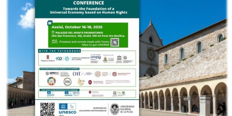 Assisi, in primo piano la locandina dell'evento (sullo sfondo foto Pexel di Roberto Canaglia)