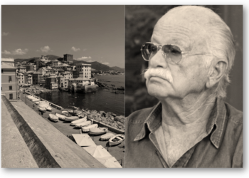 Gino Paoli e il Porto di Genova, collage (Foto 1 Gino Paoli: Elena Torre_versione ritagliata da RanZag_rilasciata con licenza Creative Commons CC BY-SA 2.0 tramite Wikimedia Commons_modificata AL. Foto 2, Porto di Genova: Can Fra_Pexels)