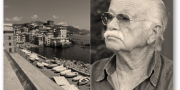 Gino Paoli e il Porto di Genova, collage (Foto 1 Gino Paoli: Elena Torre_versione ritagliata da RanZag_rilasciata con licenza Creative Commons CC BY-SA 2.0 tramite Wikimedia Commons_modificata AL. Foto 2, Porto di Genova: Can Fra_Pexels)