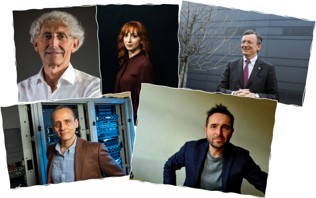 Premio Galileo: i finalisti dell'edizione 2026. Dall’alto a sinistra, in senso orario: Alfio Quarteroni, Cinzia Pozzi, Roberto Battiston, Stefano Massarelli e Nello Cristianini